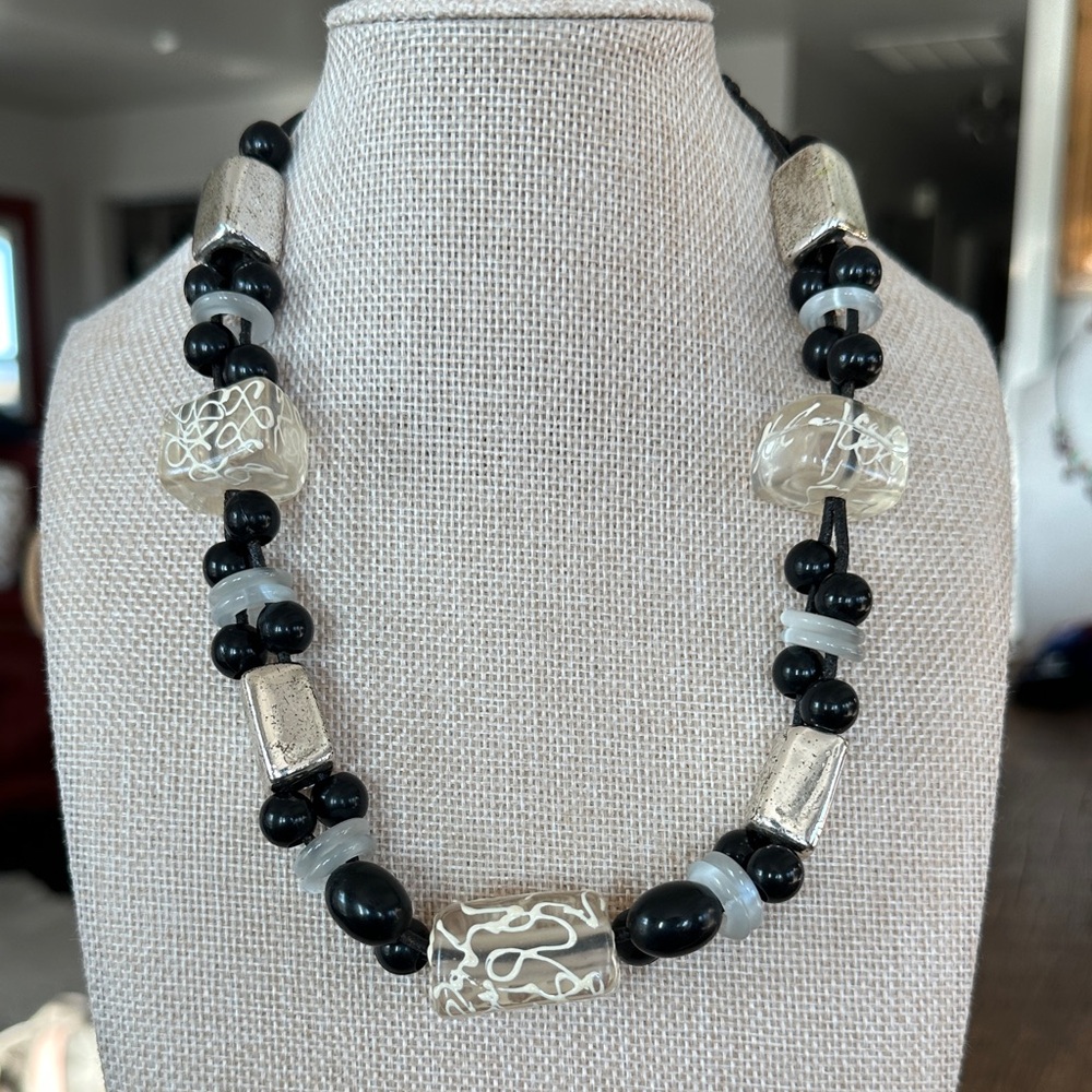 1920 Art Deco Lisner ClearGlass bead and Cats Eye Rings and Black Beads